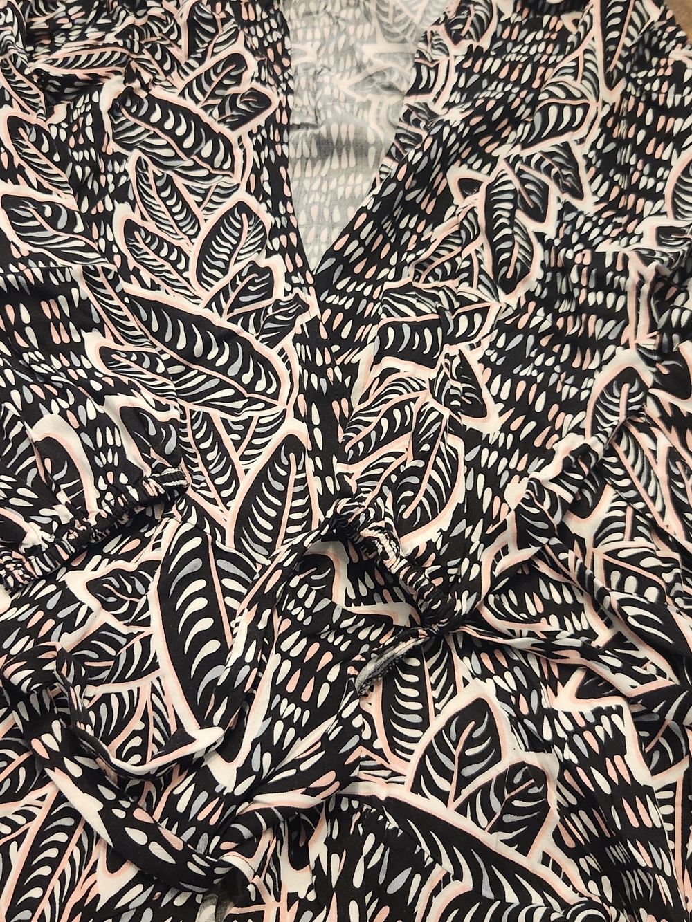 Black and Blush Leaf Print V-Neck Wrap Top